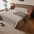 Double Bed With Beige Bedspread Gray Blanket Wooden Nightstands Table Lamps Window Blinds And Rug