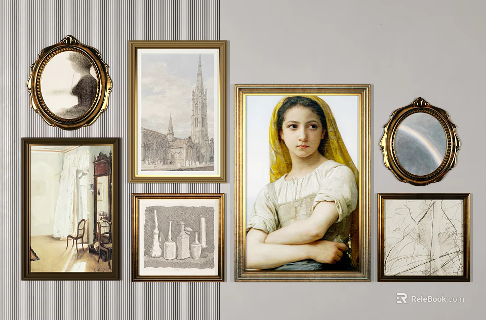 Wall Display Of Framed Artworks And Mirrors With Various Themes And Styles 3d model 