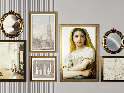 Wall Display Of Framed Artworks And Mirrors With Various Themes And Styles 3d model