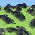 3D Terrain Model with Green Grass and Black Mountains Against Blue Sky