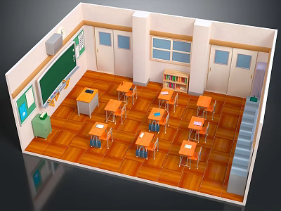 Classroom Interior With Wooden Floor Desks Teacher's Desk Blackboard And Bookshelf 3d model