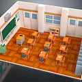 Classroom Interior With Wooden Floor Desks Teacher's Desk Blackboard And Bookshelf
