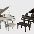 Elegant White And Black Grand Pianos With Matching Stools And Music Sheets