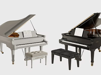 Elegant White And Black Grand Pianos With Matching Stools And Music Sheets 3d model
