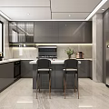 Modern Kitchen Interior With Gray Cabinets Island Chairs And Stainless Steel Refrigerator