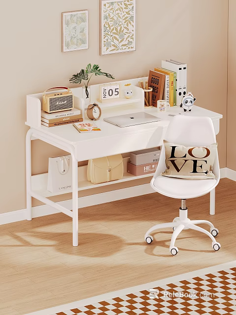 White Desk With Laptop Vintage Radio Books Clock Potted Plant And Chair With LOVE Cushion 3d model 