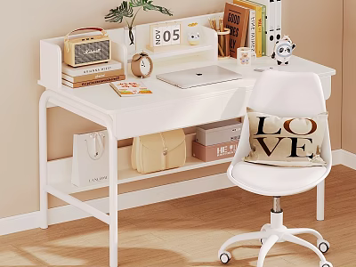 White Desk With Laptop Vintage Radio Books Clock Potted Plant And Chair With LOVE Cushion 3d model