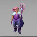 3D Animated Fantasy Character With Pink Hair Purple Outfit And Magical Staff