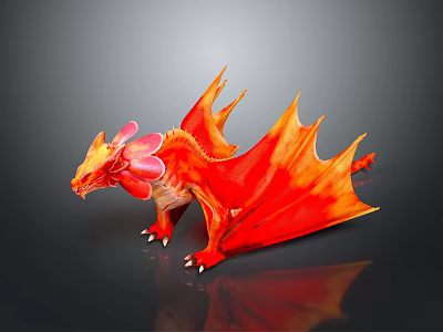 Game and Movie Character Red Orange Dragon With Floral Head Decoration And Flame Like Wings 3d model
