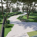 Scenic Park Landscape With Winding Paved Pathway Tall Trees And Lush Greenery