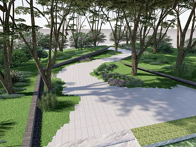 Scenic Park Landscape With Winding Paved Pathway Tall Trees And Lush Greenery 3d model