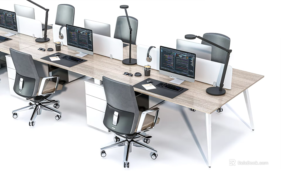 Ergonomic Office Desk Workspace With Multiple Computer Monitors Office Chairs Desk Lamps And Partition Screens 3d model 