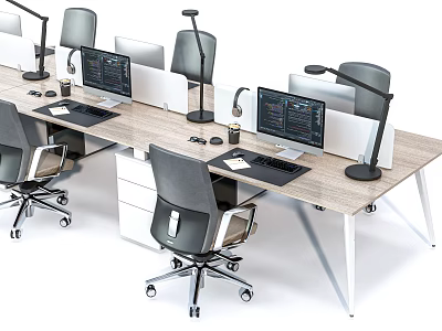 Ergonomic Office Desk Workspace With Multiple Computer Monitors Office Chairs Desk Lamps And Partition Screens 3d model