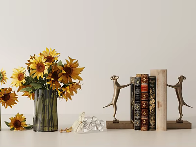 Modern Sunflower Bouquet Vase Metal Bookends Books Crystal Decorative Ornament Set 3d model