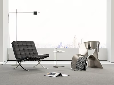 Black And Silver Lounge Chairs With Small Side Table Floor Lamp And City Window View 3d model