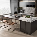 Modern Kitchen Interior Dining Table Set With Marble Countertop And Woven Chairs 3d model