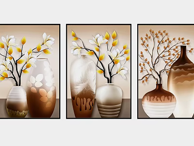 Three Framed Wall Art Prints Featuring Decorative Vases With Yellow Flowers 3d model