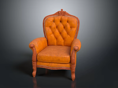 Orange Vintage Armchair With Tufted Backrest Ornate Carvings And Wooden Legs 3d model