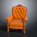 Orange Vintage Armchair With Tufted Backrest Ornate Carvings And Wooden Legs