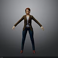 Woman in Brown Blazer White Top Blue Jeans and Red Shoes on Gray Background