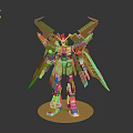 Golden Robot Character Model With Mechanical Wings On Pedestal Base And Intricate Design