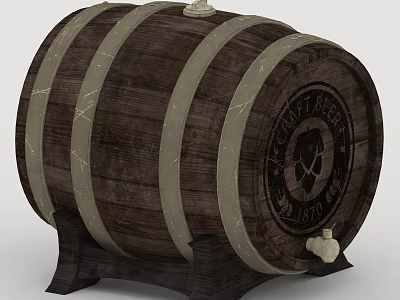 Vintage Wooden Beer Barrel With Metal Hoops On Wooden Stand Engraved TCHMATY Logo 1880 3d model