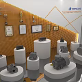 Showroom Exhibition With Golden Geometric Background Wall Medals Certificates White Stands And Black Products