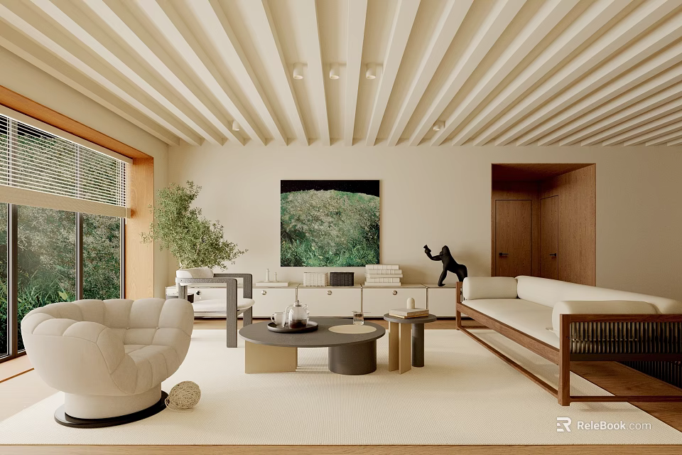 Elegant Living Room Interior Design With Wooden Ceiling Beams Green Wall Art And White Sofa 3d model 