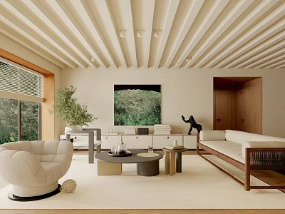 Elegant Living Room Interior Design With Wooden Ceiling Beams Green Wall Art And White Sofa 3d model