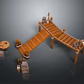 Rustic Wooden Dock Structure Featuring Planks Posts Table Crates And Barrel Elements 3d model