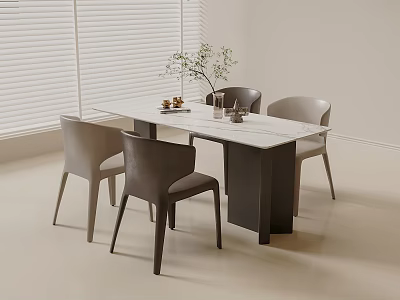 Minimalist Dining Table And Chairs With White Tabletop Gray Chairs Vase Plant Near Window Blinds 3d model
