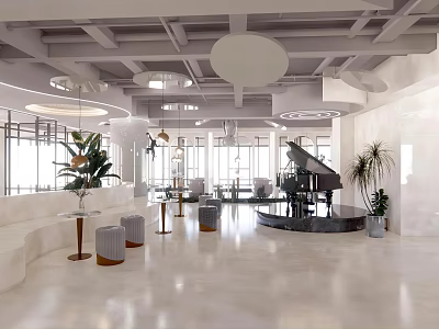 Modern Open Coffee Shop Interior With White Walls Marble Floor And Piano 3d model