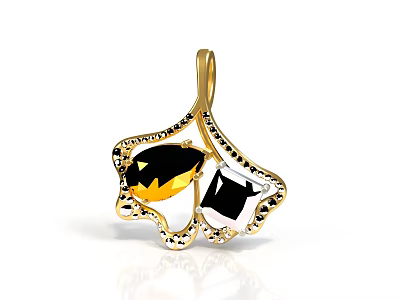 Elegant Gold Ginkgo Leaf Pendant Design With Black And Yellow Gemstones And Intricate Detailing 3d model