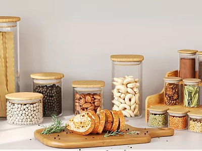 Glass Spice Jars with Wooden Lids and Nuts Bread Slices on White Kitchen Counter 3d model