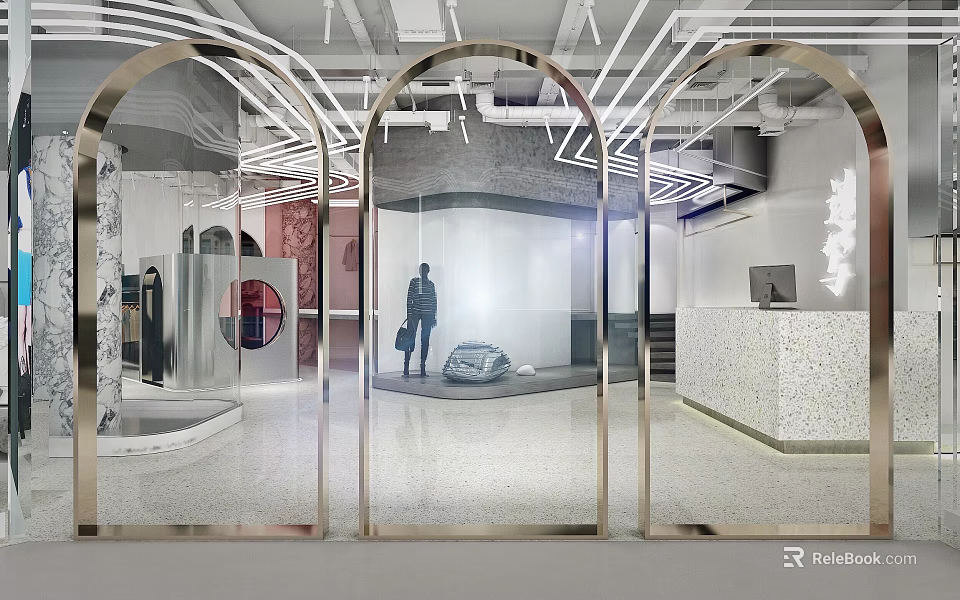 Modern Clothing Store Interior With Arched Mirrored Doorways And Stylish Display Lighting 3d model 