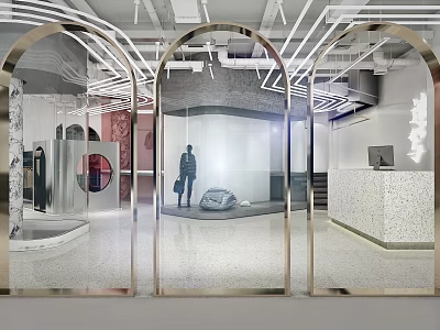 Modern Clothing Store Interior With Arched Mirrored Doorways And Stylish Display Lighting 3d model