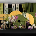 Elegant Banquet Hall Interior With Green Curtains Large Fan Decorations And Flower Arrangements
