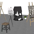 Studio Scene with Art Supplies Musical Instruments Easels Paintings and Wooden Stools