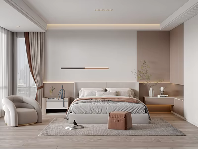 Modern Bedroom Interior With Bed Nightstand Chair Curtains Rug And Soft Lighting 3d model