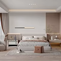 Modern Bedroom Interior With Bed Nightstand Chair Curtains Rug And Soft Lighting