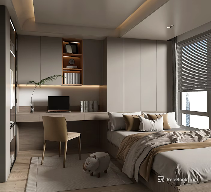 Modern Tatami Bedroom Interior With Desk Chair Bookshelf Plants And Window Blinds 3d model 