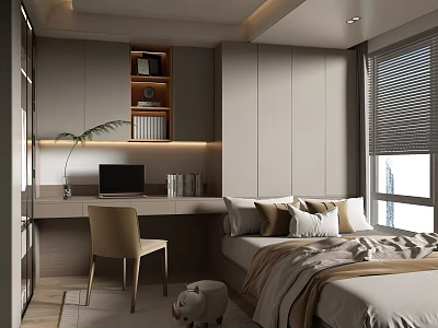 Modern Tatami Bedroom Interior With Desk Chair Bookshelf Plants And Window Blinds 3d model