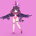 Woman With Black Wings And Pink Outfit Wearing Halo On Head Against Pink Background