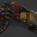 Detailed Mechanical Glove With Metallic Structure Red Gemstones Golden Components And Blue Accents