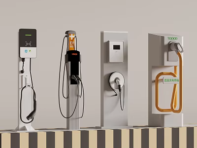 Various Electric Vehicle Charging Stations With Modern Designs And Charging Cables 3d model