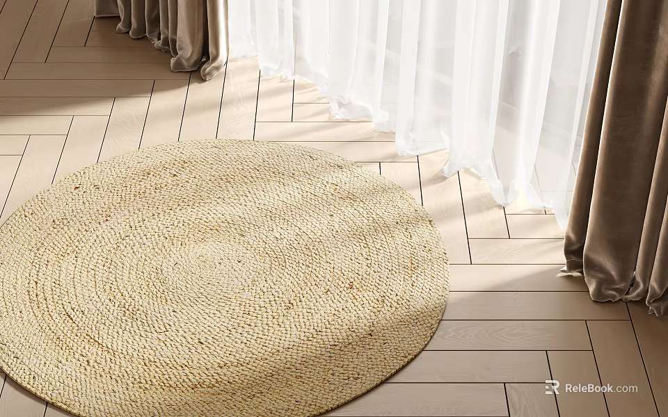 Natural Woven Round Rug On Light Wooden Floor With White Curtains 3d model 