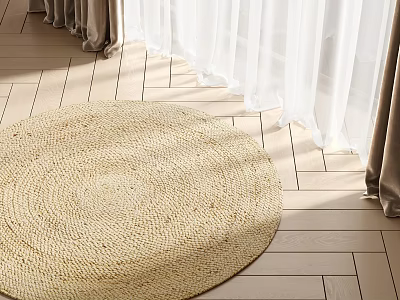 Natural Woven Round Rug On Light Wooden Floor With White Curtains 3d model
