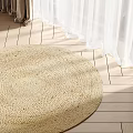 Natural Woven Round Rug On Light Wooden Floor With White Curtains
