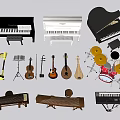 Various Musical Instruments Collection Including Pianos Harp Violin Guitar Drums And Zithers