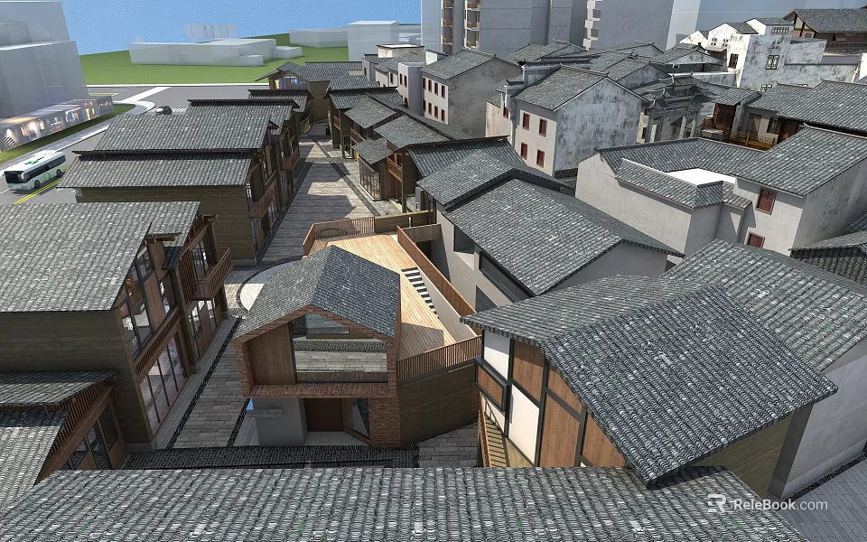 Traditional And Modern Commercial Street With Tile Roofs Shopfronts And Neat Building Arrangement 3d model 